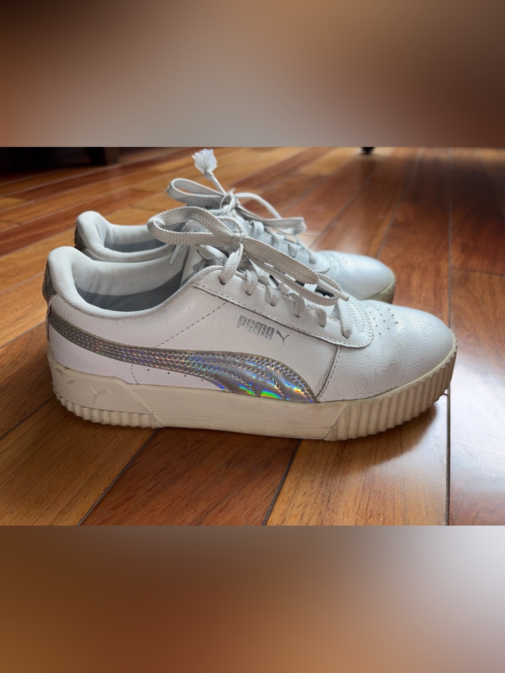 Puma Women’s Leather Sneaker - White with Iridescent Logo - Size 7.5
